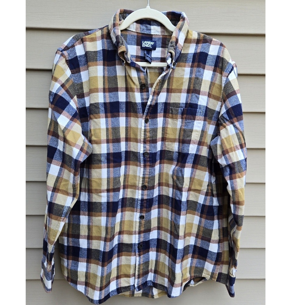 Lands End Mens XL Traditional Fit Flannel Shirt Plaid Cotton Yellow Navy Blue